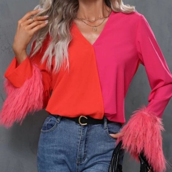 . Tops - top trends colorblock blouse with faux furry fuzzy cuffs